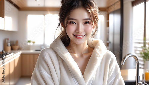 Free Download A beautiful woman standing in a spacious kitchen with the morning sun shining in. Loungewear. Fluffy pajamas. Winter atmosphere.朝日の差し込む広いキッチンに立つ綺麗な女性。部屋着。モコモコのパジャマ。冬の雰囲気。 - GFXLoad