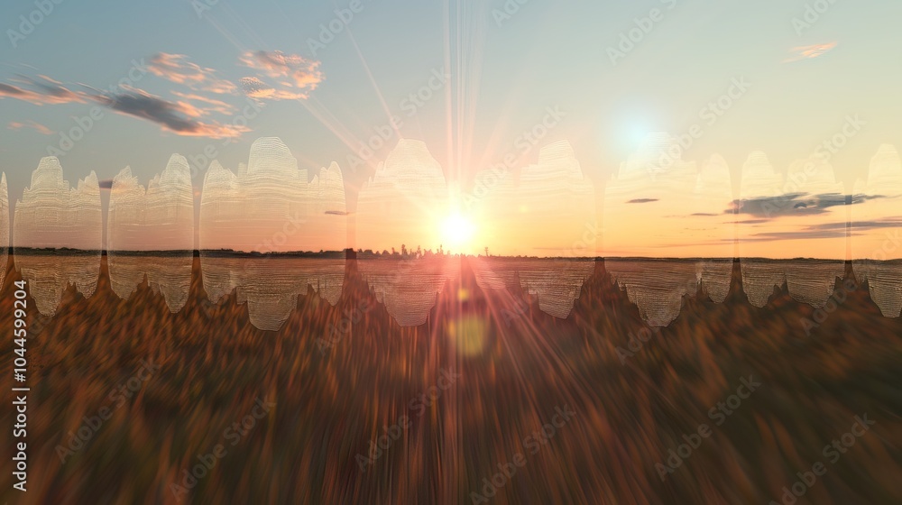 Sound waves radiating across a serene landscape, symbolizing the interconnectedness and harmony of natural and auditory elements. Sound waves radiating across a serene landscape, symbolizing the interconnectedness and harmony of natural and auditory elements.