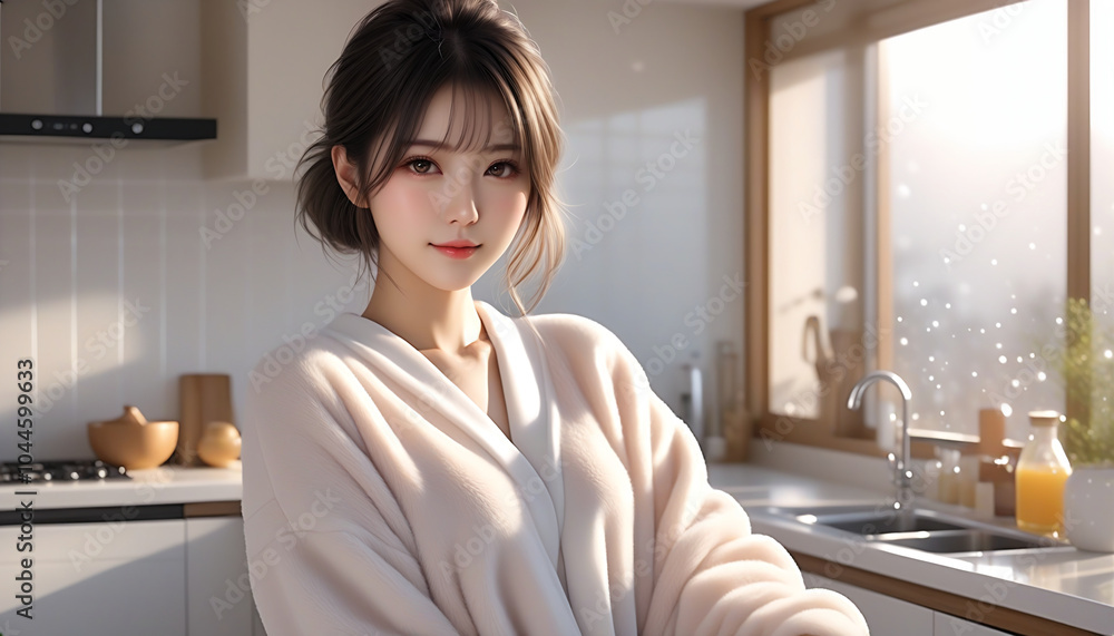 A beautiful woman standing in a spacious kitchen with the morning sun shining in. Loungewear. Fluffy pajamas. Winter atmosphere.朝日の差し込む広いキッチンに立つ綺麗な女性。部屋着。モコモコのパジャマ。冬の雰囲気。 A beautiful woman standing in a spacious kitchen with the morning sun shining in. Loungewear. Fluffy pajamas. Winter atmosphere.朝日の差し込む広いキッチンに立つ綺麗な女性。部屋着。モコモコのパジャマ。冬の雰囲気。