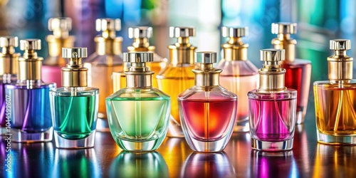 Colorful perfume bottles lined up on a counter, perfume, bottles, colorful, fragrance, beauty, skincare, cosmetics photo