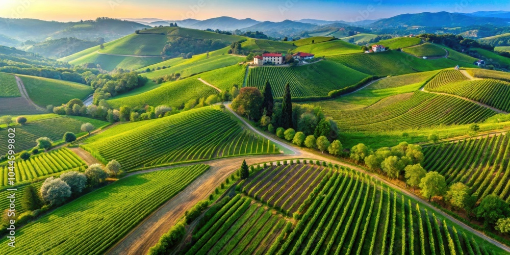 Fototapeta premium Drone view of green hills with vineyards ready for harvesting in the Italian countryside, Italy, drone