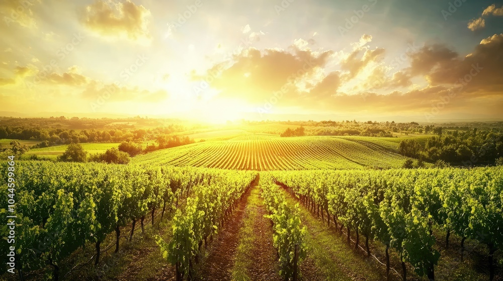 Naklejka premium Serene Vineyard at Sunset Over Rolling Hills