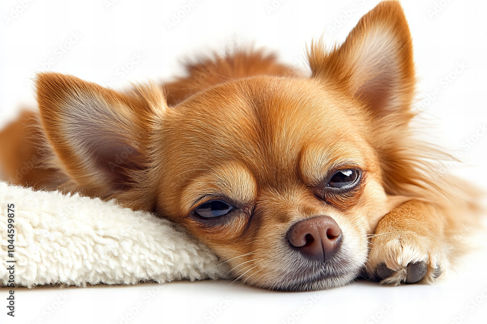 Close-up of Adorable Chihuahua Dog Relaxing – Cute Small Breed Puppy with Big Ears and Fluffy Fur, Isolated on White Background Close-up of Adorable Chihuahua Dog Relaxing – Cute Small Breed Puppy with Big Ears and Fluffy Fur, Isolated on White Background