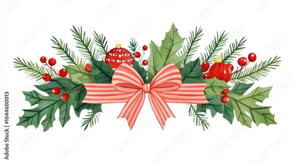 A festive arrangement of holly, pine, and red berries, adorned with a pink striped bow, perfect for holiday decorations. A festive arrangement of holly, pine, and red berries, adorned with a pink striped bow, perfect for holiday decorations.