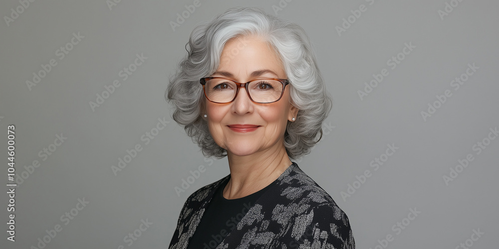 Elegant Portrait of a Mature Woman with Silver Hair and Glasses in a Professional Setting Elegant Portrait of a Mature Woman with Silver Hair and Glasses in a Professional Setting