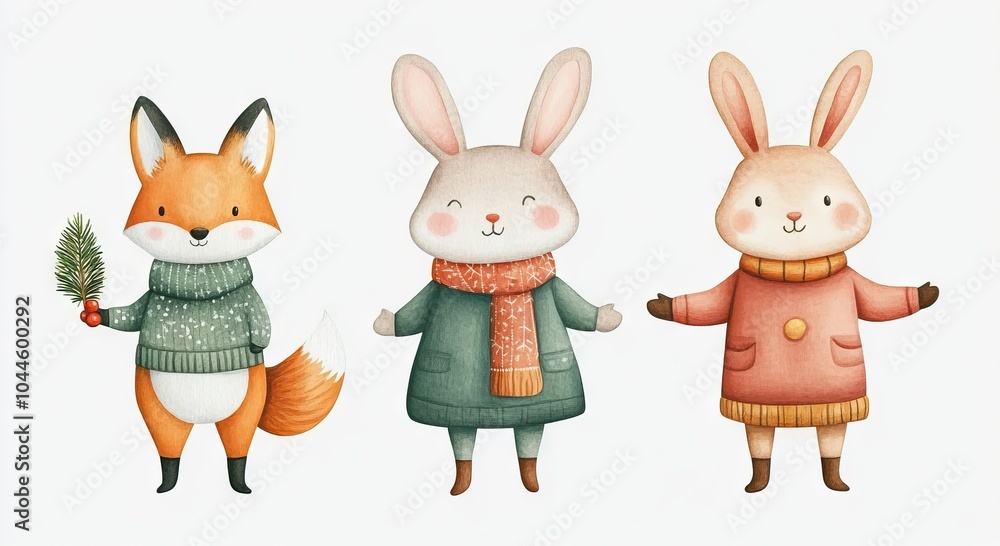 A charming illustration of a fox and two bunnies in winter attire, each with unique clothing and expressions, evoking a whimsical, festive atmosphere. A charming illustration of a fox and two bunnies in winter attire, each with unique clothing and expressions, evoking a whimsical, festive atmosphere.