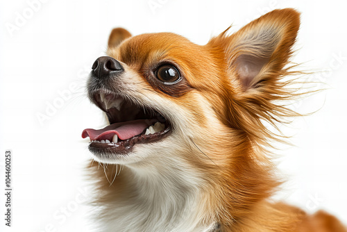 Close-up of Adorable Chihuahua Dog Relaxing – Cute Small Breed Puppy with Big Ears and Fluffy Fur, Isolated on White Background