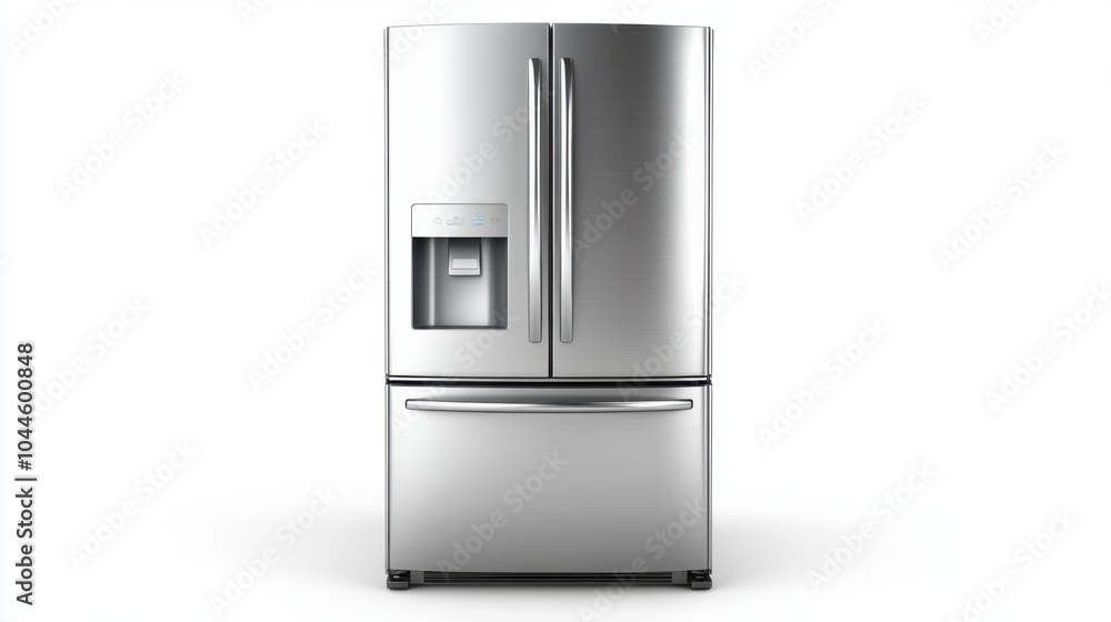 A front-facing view of a stainless steel refrigerator, clean and polished, with its door handles reflecting light on a plain white backdrop. A front-facing view of a stainless steel refrigerator, clean and polished, with its door handles reflecting light on a plain white backdrop.