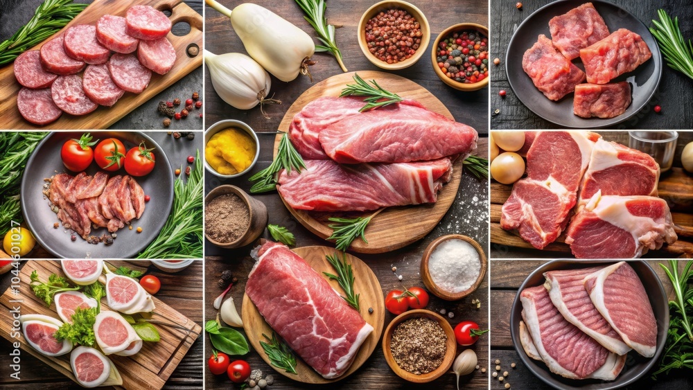 A collage of various raw meats (steak, chicken, pork, etc.) displayed together, meat, raw, food, beef, poultry, pork A collage of various raw meats (steak, chicken, pork, etc.) displayed together, meat, raw, food, beef, poultry, pork
