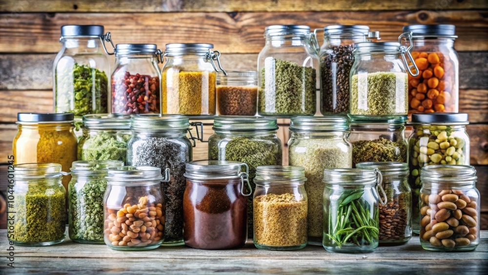 Assortment of glass jars filled with seeds, herbs, and supplements for storage and organization , seeds, herbs Assortment of glass jars filled with seeds, herbs, and supplements for storage and organization , seeds, herbs