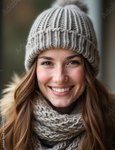 Woman wears knit hat and scarf with a warm happy smile on her face.