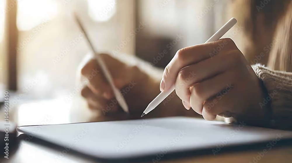 Close up of a woman's hand using a stylus on a tablet. Close up of a woman's hand using a stylus on a tablet.