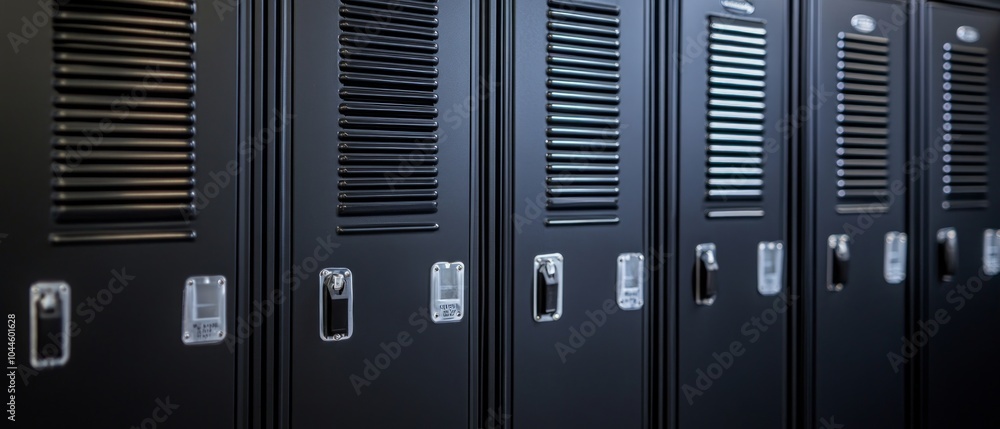 A series of black lockers arranged neatly in a school hallway, providing secure storage for students' personal items throughout their day A series of black lockers arranged neatly in a school hallway, providing secure storage for students' personal items throughout their day