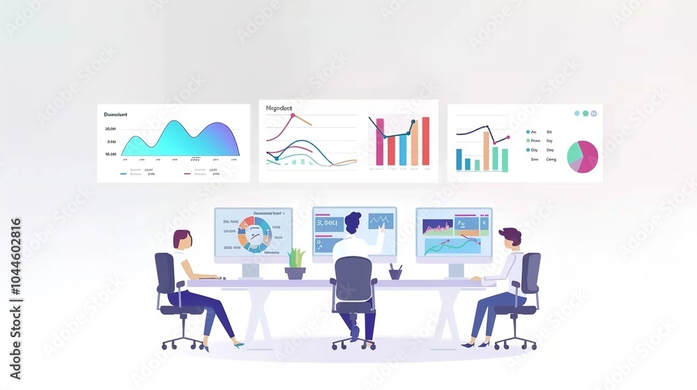 business people team analytics and monitoring on web report dashboard monitor concept and vector illustration business working concept business people team analytics and monitoring on web report dashboard monitor concept and vector illustration business working concept
