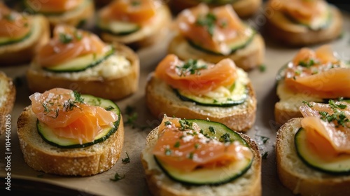 Tasty canapes featuring cheese and smoked salmon A delightful array of crostini with smoked salmon zucchini and cheese ideal for Italian appetizers