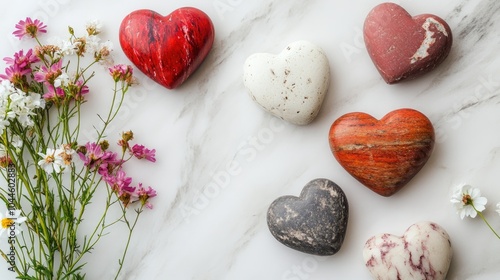 Heart shaped stones and flowers arranged on a white marble surface with available space for text