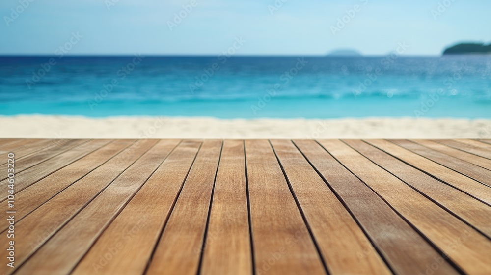 Wooden deck surface with a blurred backdrop of a sandy shore and azure ocean High quality image Wooden deck surface with a blurred backdrop of a sandy shore and azure ocean High quality image