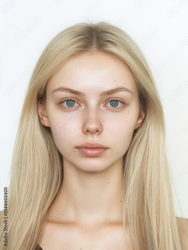 Passport-style photo of an adult woman with no makeup, showcasing her natural beauty Passport-style photo of an adult woman with no makeup, showcasing her natural beauty