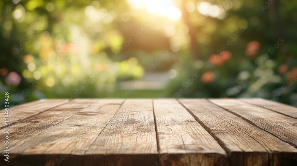 Wooden table with a spring nature bokeh background featuring an empty surface for product display Blurry abstract garden landscape creates an ideal showcase for advertisements Wooden table with a spring nature bokeh background featuring an empty surface for product display Blurry abstract garden landscape creates an ideal showcase for advertisements