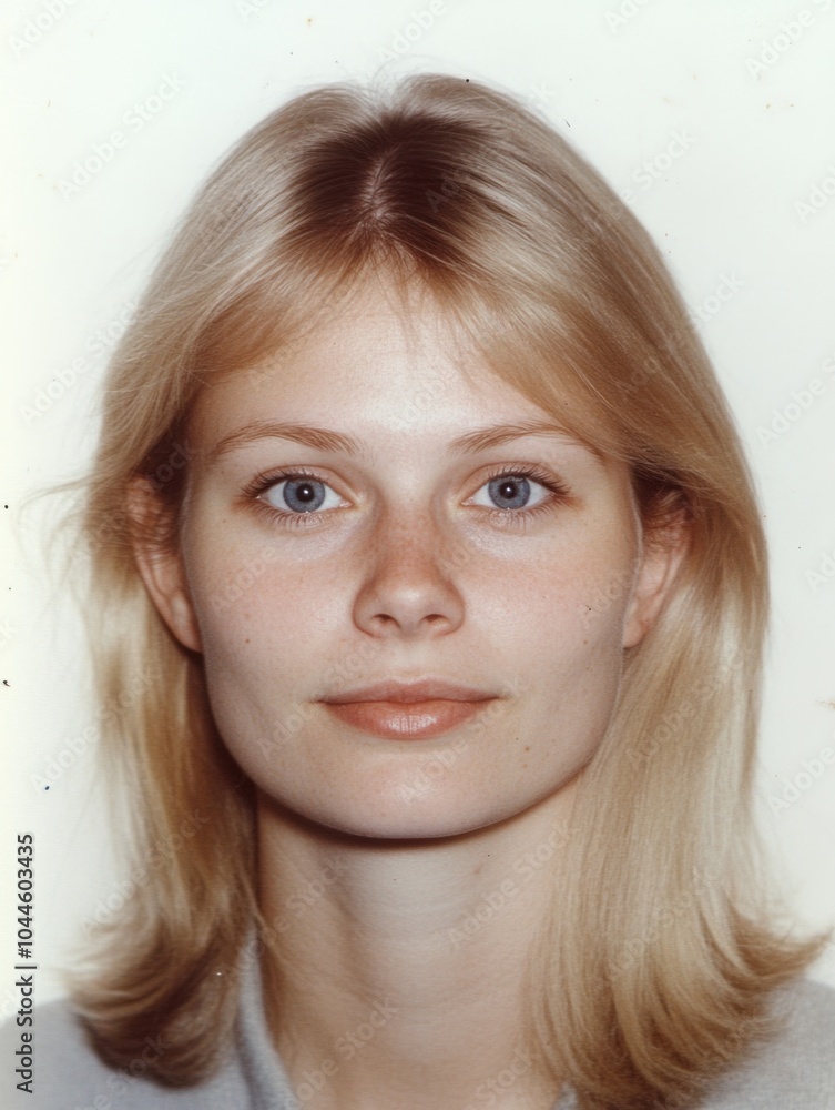 Passport-style photo of an adult woman with no makeup, showcasing her natural beauty Passport-style photo of an adult woman with no makeup, showcasing her natural beauty
