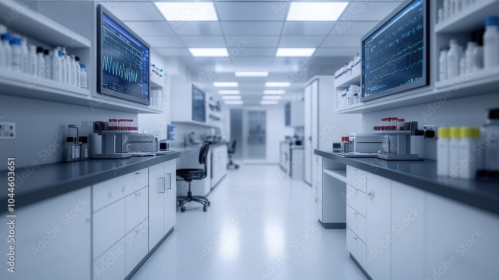 A modern laboratory interior with sleek countertops, shelves of supplies, and digital displays, showcasing a clean, organized environment for scientific research. A modern laboratory interior with sleek countertops, shelves of supplies, and digital displays, showcasing a clean, organized environment for scientific research.