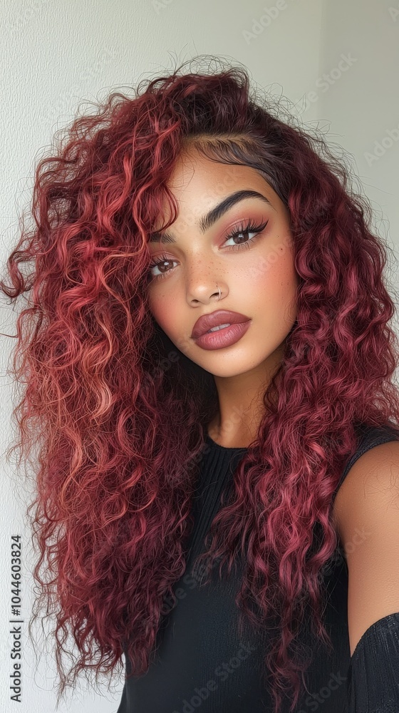 beautiful model with very curly burgundy colored hair beautiful model with very curly burgundy colored hair