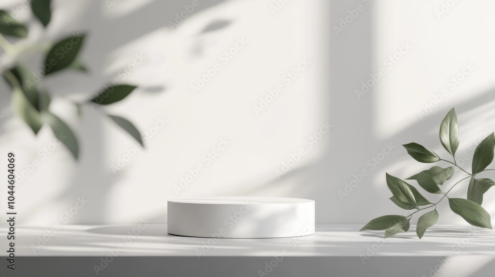 Minimalist nature scene featuring a simple white podium on a gray background accompanied by soft plant leaf shadows ideal for showcasing cosmetic products and packaging mockups Minimalist nature scene featuring a simple white podium on a gray background accompanied by soft plant leaf shadows ideal for showcasing cosmetic products and packaging mockups
