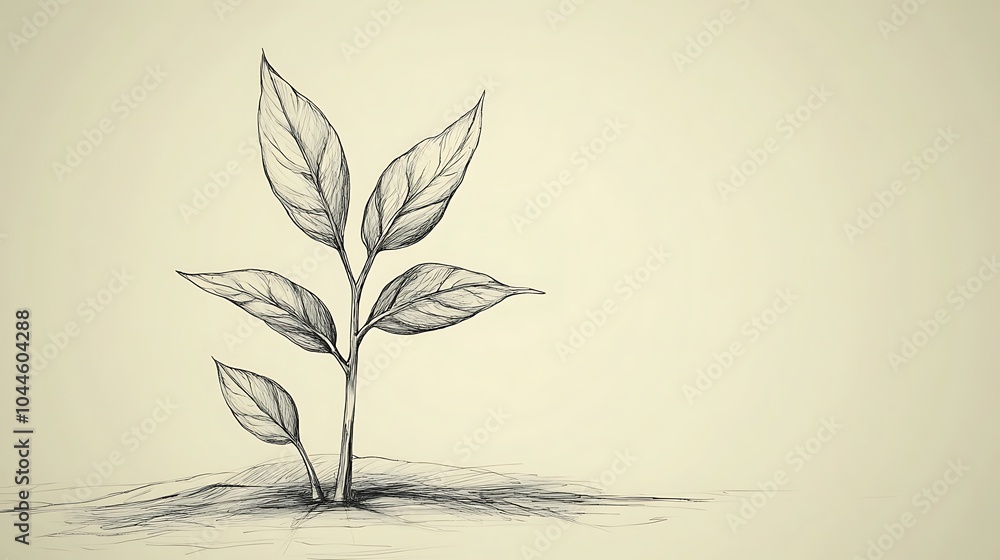 A simple pencil sketch of a small plant growing from the ground on a cream background. A simple pencil sketch of a small plant growing from the ground on a cream background.