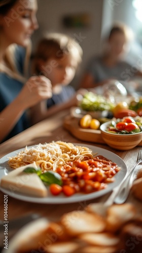 Delicious Pasta Dish with Tomato Sauce and Cheese on a Table with Family in the Background