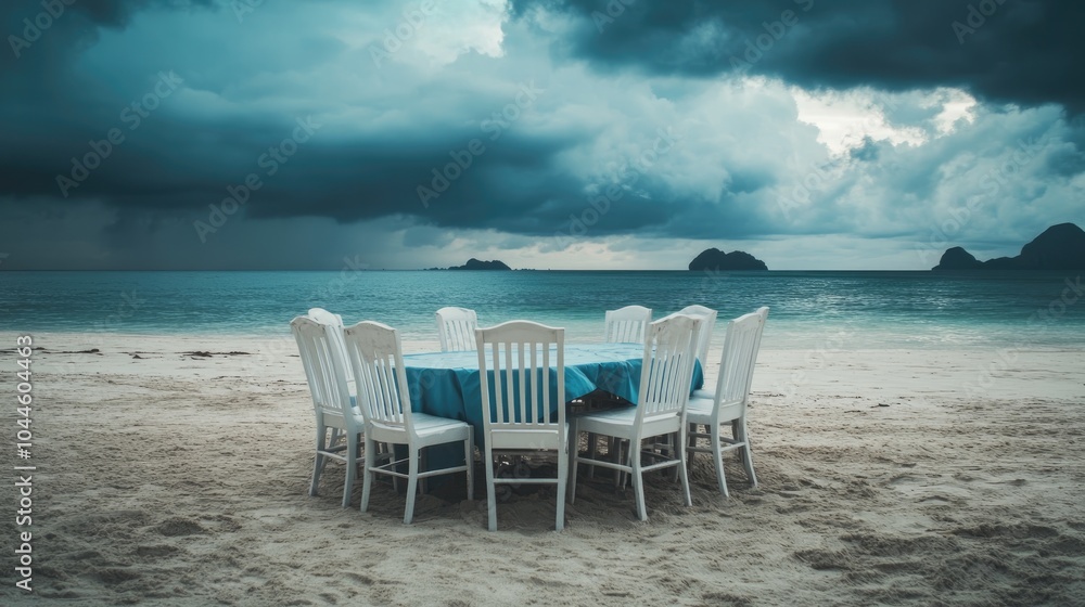 A collection of white chairs surrounding a table draped in a blue tablecloth on a sandy beach with a distant island and an overcast sky creating a moody ambiance Ample copy space available A collection of white chairs surrounding a table draped in a blue tablecloth on a sandy beach with a distant island and an overcast sky creating a moody ambiance Ample copy space available