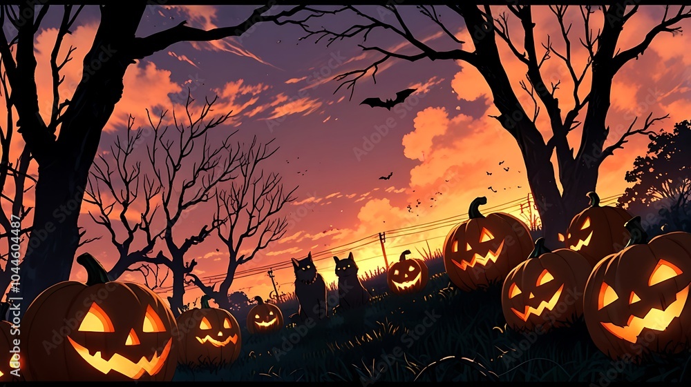 Spooky Halloween Landscape with Flying Bats and Glowing Pumpkins Ominous Sunset Scene Spooky Halloween Landscape with Flying Bats and Glowing Pumpkins Ominous Sunset Scene