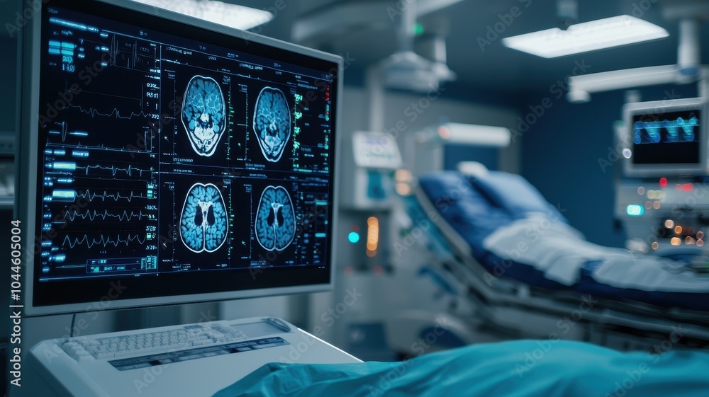 A hospital room featuring medical equipment, computer screens displaying brain scans, and a hospital bed, emphasizing healthcare technology. A hospital room featuring medical equipment, computer screens displaying brain scans, and a hospital bed, emphasizing healthcare technology.