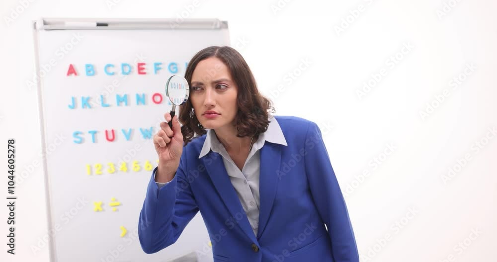 Teacher in blue suit holds magnifying glass by alphabet chart on white background. Woman seeks mistakes strictly expressing attention slow motion Teacher in blue suit holds magnifying glass by alphabet chart on white background. Woman seeks mistakes strictly expressing attention slow motion
