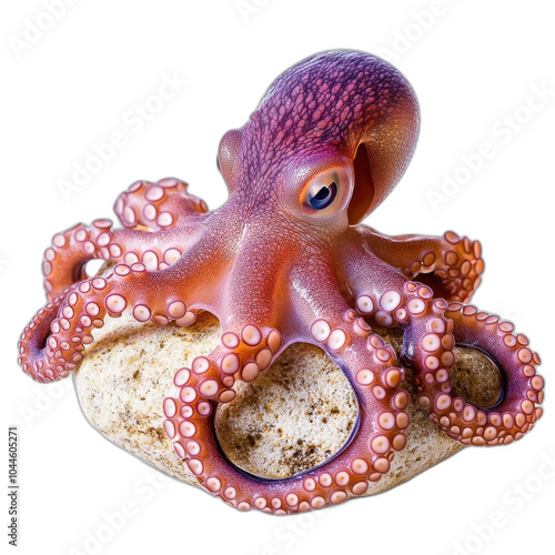 Colorful octopus with tentacles wrapped around a rock on a transparent background