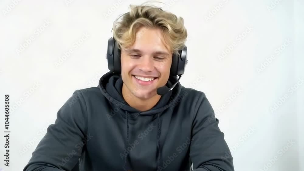 A cheerful young man wearing a headset shares his gaming experiences from a bright, minimalistic room A cheerful young man wearing a headset shares his gaming experiences from a bright, minimalistic room