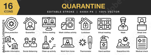 Quarantine icon set. Editable Stroke Icon Collection. Includes break time, hand sanitizer, lockdown, mask, medical check, online meeting, and More. Outline icons vector collection.