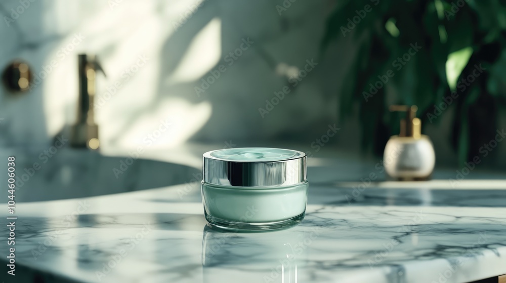 A glass jar of face cream displayed on a marble bathroom countertop A glass jar of face cream displayed on a marble bathroom countertop