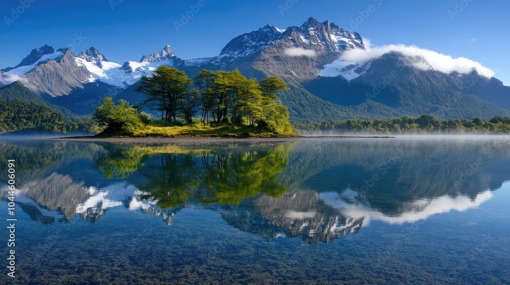 Serene Island Reflection in Majestic Mountain Landscape Serene Island Reflection in Majestic Mountain Landscape