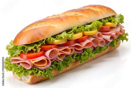 Footlong ham & swiss submarine sandwich isolated on white background