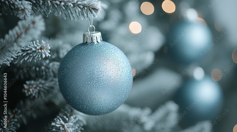 A blue ornament hangs on a Christmas tree A blue ornament hangs on a Christmas tree