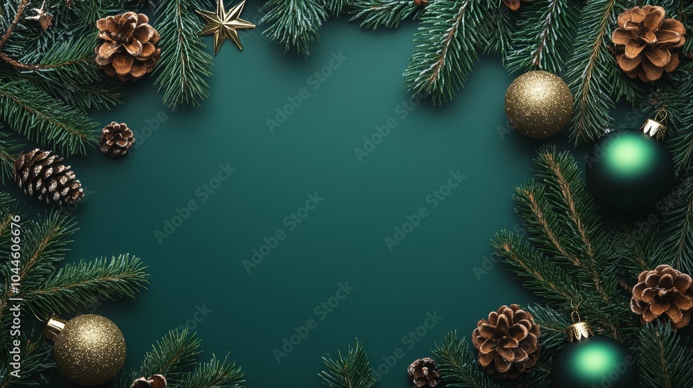 A green background with a Christmas tree ornamented with pine cones A green background with a Christmas tree ornamented with pine cones