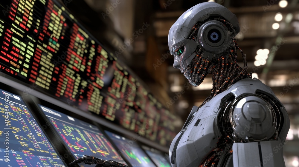 An advanced robot managing various screens filled with stock market data, showcasing AI's involvement in investment portfolios. An advanced robot managing various screens filled with stock market data, showcasing AI's involvement in investment portfolios.