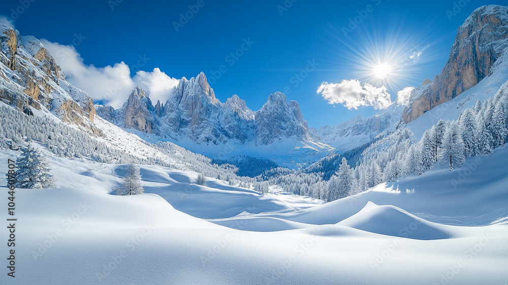 Obraz premium Snowboarder carving through fresh powder in the Dolomites under a bright winter sun