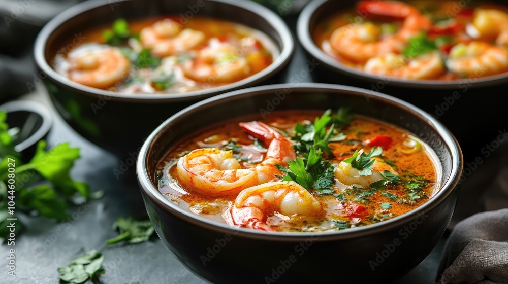 Four bowls of shrimp soup featuring a variety of spices and herbs Four bowls of shrimp soup featuring a variety of spices and herbs
