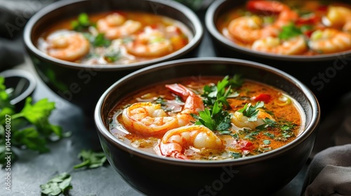 Four bowls of shrimp soup featuring a variety of spices and herbs