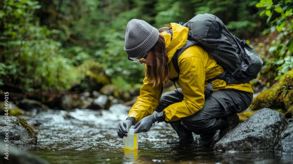Environmental scientists collect samples from a river using water quality analysis instruments, demonstrating environmental science research and conservation. Environmental scientists collect samples from a river using water quality analysis instruments, demonstrating environmental science research and conservation.