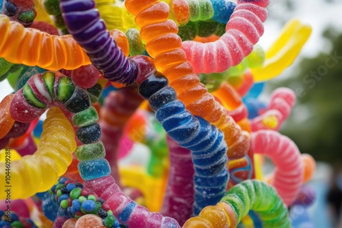 A candy sculpture made entirely of gummy worms and jelly beans, forming a playful and whimsical design. The vivid colors of the candies stand out, bringing a fun, creative element to the scene.