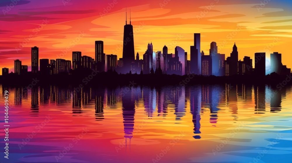 Fototapeta premium Vibrant Sunset Skyline with Reflective Water Colors