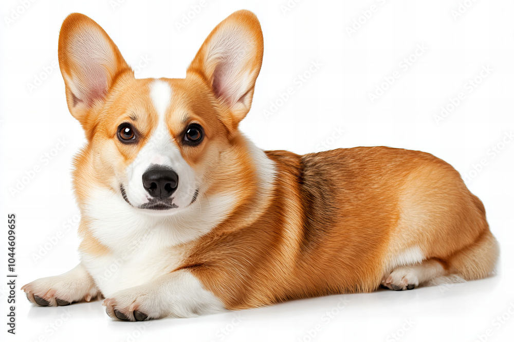 Cute Pembroke Welsh Corgi Dog Relaxing with Playful Expression, Isolated on White Background – Ideal for Pet Photography and Dog Enthusiasts Cute Pembroke Welsh Corgi Dog Relaxing with Playful Expression, Isolated on White Background – Ideal for Pet Photography and Dog Enthusiasts