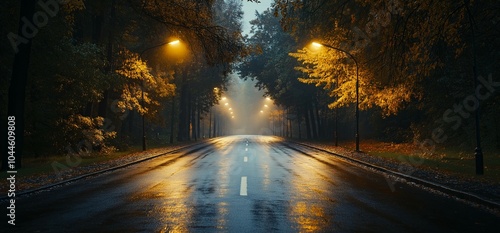 Misty Road with Glowing Streetlights on a Rainy Night